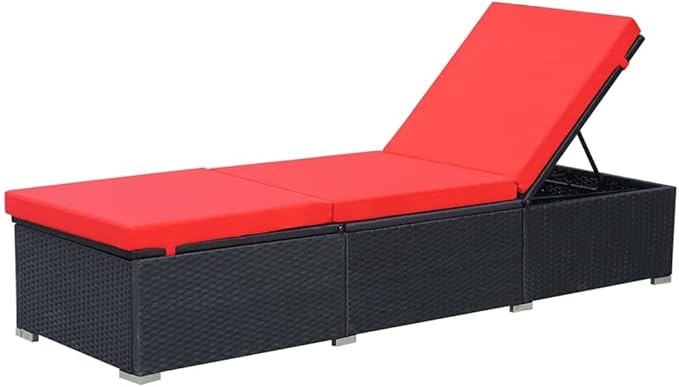 Outdoor Chaise Lounge Black Red Synthetic Rattan 76.8 x 23.6 x 12.2 in Powder-Coated Steel Frame Reclining Sunbathing - Photo 1