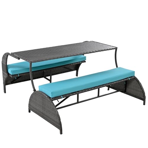 2 in 1 Convertible Picnic Upholstered Bench Table,57.1" Outdoor Loveseat,Portable Picnic Table Couch,Convertible to 4 Seats1 Table,for Garden,Lawn,Backyard,Porch,Patio