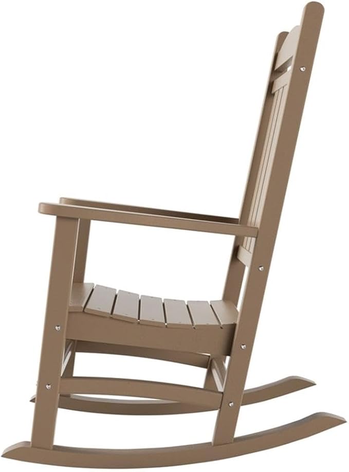 Costaelm Oversized Outdoor Rocking Chair, High Back Porch Rocker Chair, HDPE All Weather Resistant Outdoor Seating Furniture Wide Rocker Chair for Patio, Lawn, Garden, Weathered Wood