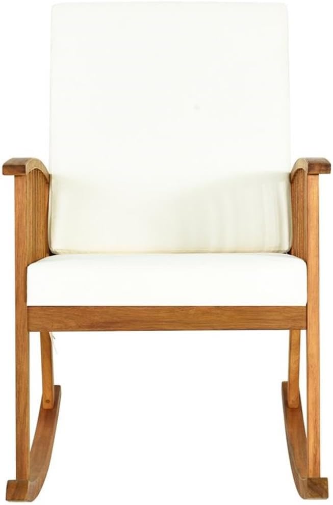 Pemberly Row Acacia Wood Patio Rocking Chair with Cushion, Natural Finish, 35.5" L x 25" W x 36.5" H, Rustic Design, Ergonomic Backrest, Washable Covers, Outdoor Garden Porch Deck Seating