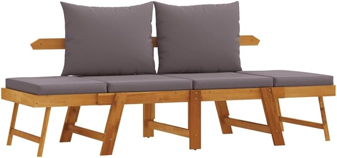 Convertible Garden Bench 2 in 1 Patio Daybed Solid Acacia Wood 29 x 81 x 26 in Grey Cushions Outdoor Seating for Balcony Porch and Backyard