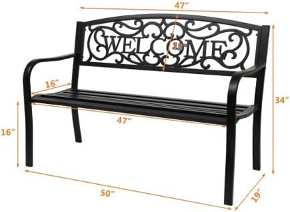 50" Outdoor Garden Bench, Patio Furniture Metal Outdoor Chair with Cast Iron Frame, Weather Proof 2-Person Outdoor Loveseat with Welcome Backrest for Park, Porch, Pool, Backyard