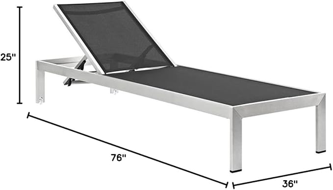 Pemberly Row Modern Aluminum Outdoor Chaise Lounge, 76 x 25 x 19-36 in, Mesh and PVC-Coated Polyester, Black/Silver Finish, Adjustable Recliner with Wheels, Breathable Patio Sun Lounger for Relaxation