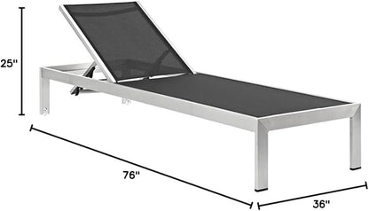 Pemberly Row Modern Aluminum Outdoor Chaise Lounge, 76 x 25 x 19-36 in, Mesh and PVC-Coated Polyester, Black/Silver Finish, Adjustable Recliner with Wheels, Breathable Patio Sun Lounger for Relaxation