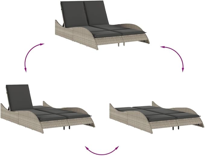 Light Gray Double Chaise Lounge Outdoor 80.7 x 28.7 in Wicker Rattan 2-Person Patio Sun Lounger with Adjustable Backrest for Garden Poolside Backyard Relaxation