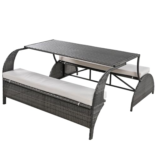 2 in 1 Convertible Picnic Upholstered Bench Table,57.1" Outdoor Loveseat,Portable Picnic Table Couch,Convertible to 4 Seats1 Table,for Garden,Lawn,Backyard,Porch,Patio
