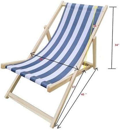 Populus Wood Sling Chair Blue Stripe Folding Chaise Lounge Chair for Outdoor Beach Pool Patio Dark Blue Adjustable Recliner No Assembly Needed
