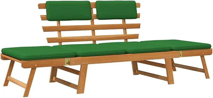 Convertible Garden Bench with Cushions, Outdoor Daybed, Acacia Wood Patio Furniture, Grey Wash Finish Brown and Green - Photo 2