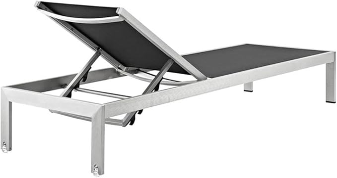 Modway Shore Aluminum Textilene® Mesh Outdoor Patio Poolside Chaise Lounge Chair and Side End Table Set in Silver Black