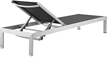 Modway Shore Aluminum Textilene® Mesh Outdoor Patio Poolside Chaise Lounge Chair and Side End Table Set in Silver Black