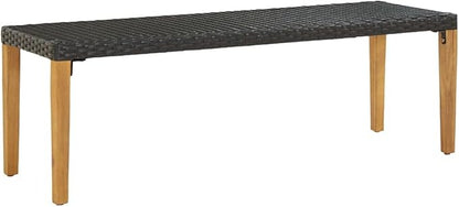 Garden Bench Black, Natural Wood Poly Rattan, Solid Acacia Wood, 31.5 Inch Outdoor Seating for Patio, Weatherproof Porch Furniture Bench Seating