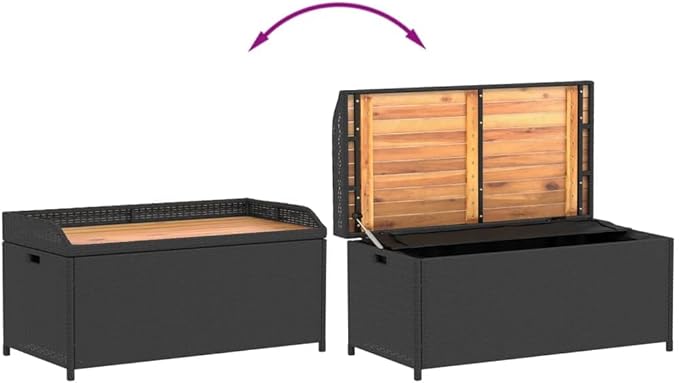 Outdoor Storage Bench with Seat 39.4 Inch, Black Poly Rattan and Acacia Wood Garden Bench, Waterproof Storage Box for Patio Furniture Cushions, Pool Towels, Weather-Resistant Durable Design