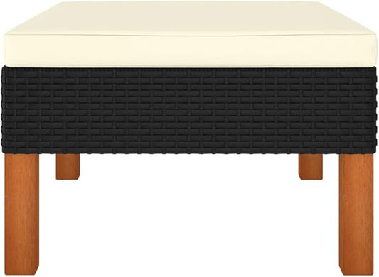 23.6" Square Black Poly Rattan Outdoor Ottoman Cube, 12.6" H Patio Seating Stool with Water-Resistant Cushion, Modular Modern Footrest for Garden Balcony Porch and Poolside