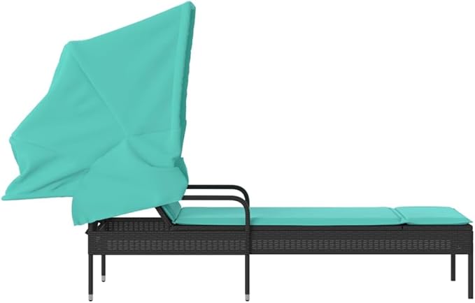 vidaXL Sun Lounger with Canopy & Table - Black Poly Rattan, Adjustable Backrest, Retractable Shade, Convenient Tea Table - Photo 7