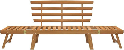 Brown Solid Acacia Wood Large Garden Bench 2-in-1 Convertible Outdoor Daybed with Adjustable Armrests for Patio Balcony Comfortable Seating Relaxation