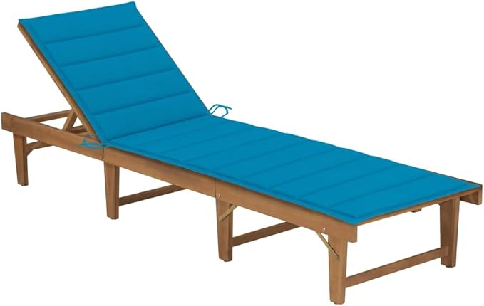 Folding Sun Lounger with Blue Cushion, Solid Acacia Wood Large Patio Recliner - Photo 1
