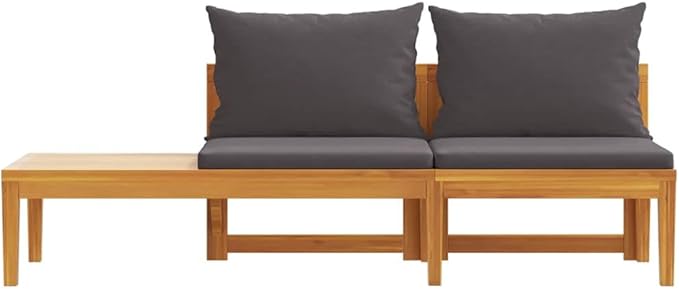 Garden Bench with Table Dark Grey Natural Wood Solid Acacia Wood Plush Cushions Reversible Table Orientation Easy Maintenance Outdoor Seating Furniture