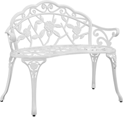 Patio Aluminum Outdoor Bench, Garden Metal Loveseat Furniture, Rose Carving Antique White Front Porch Chair Seat