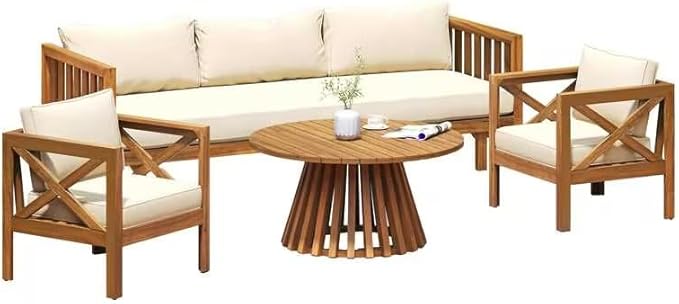 Merax Outdoor 4-Piece Acacia Wood Conversation Set - Patio 3-Seat Loveseat Sofa w/Coushion - Photo 4