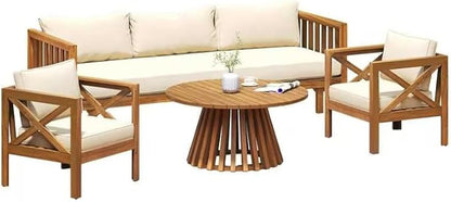 Merax Outdoor 4-Piece Acacia Wood Conversation Set - Patio 3-Seat Loveseat Sofa w/Coushion, 2 Armchair and Round Coffee Table for Backyard, Lawn, Balcony, Teak + Beige
