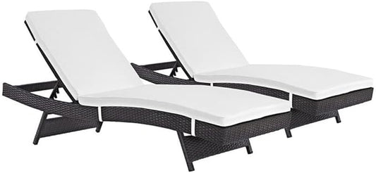 Modway Convene Wicker Rattan Outdoor Patio Chaise Lounge Chairs in Espresso White - Set of 2