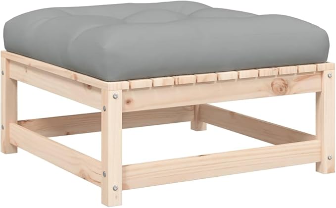 Grey Solid Pine Wood Patio Footstool with Waterproof Cushion - Photo 4