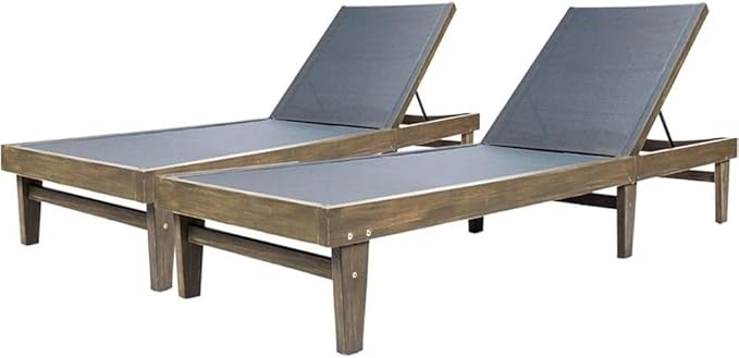 Christopher Knight Home Shiny Outdoor Wood Chaise Lounge (Set of 2), Grey Finish/Dark Grey Mesh - Photo 1