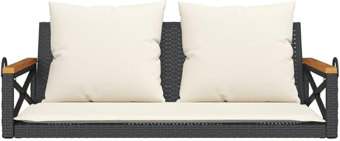 Outdoor Swing Bench with Removable Cushions, Black and Cream White Poly Rattan Patio Furniture for Garden, Balcony - Photo 4