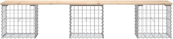 Garden Bench Natural Wood and Silver Rustic Solid Pine Wood Galvanized Steel Gabion Basket Base Outdoor Seating for Patio Garden Balcony Comfortable Seating for Three People