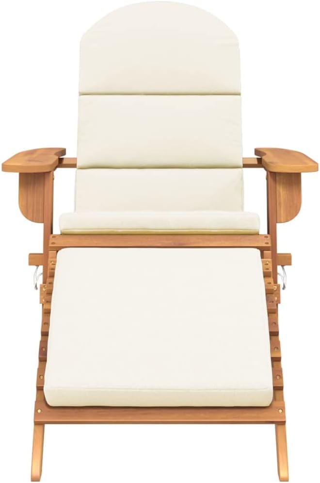 Solid Acacia Wood Adirondack Patio Chair with Foldable Footrest and Cream Cushions, Comfortable Lounge Chair for Backyard, Deck, or Patio Relaxation