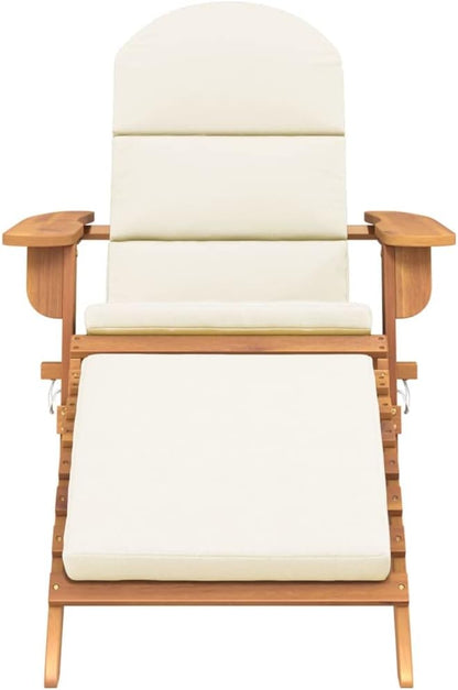 Adirondack Patio Chair with Footrest Solid Acacia Wood Foldable Lounge Chair Ergonomic Outdoor Furniture with Cream Cushions for Backyard Poolside Porch