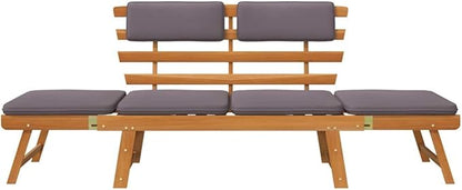 Outdoor Sun Bed with Brown Frame and Dark Grey Cushion, Solid Acacia Wood Daybed for Patio Lounging, Adjustable Armrests and Convertible Design for Two Person Relaxation