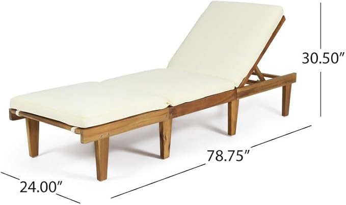 Acacia Wood Outdoor Chaise Lounge Chair with Cushion, Adjustable Recline Patio Lounger for Pool - Photo 2