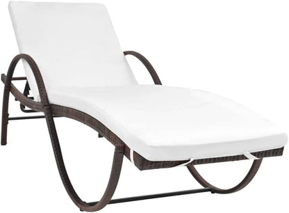 Outdoor Chaise Lounge 76" Brown PE Rattan Recliner with Cream Cushion Powder-Coated Steel Frame for Patio Garden Balcony Sun Lounging