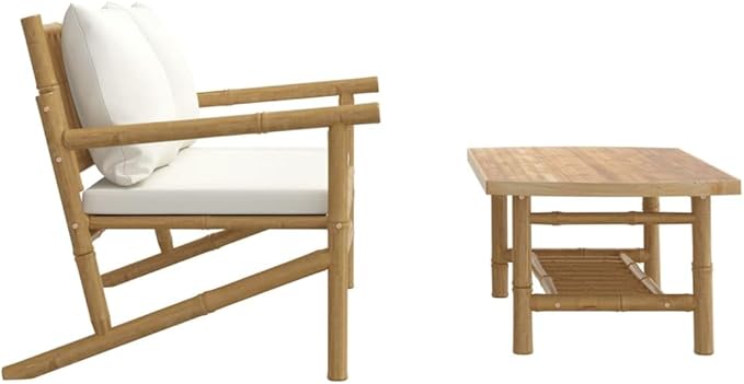 Bamboo Outdoor Lounge Set with Cream White Cushions, 2-Piece Garden Patio Furniture for Relaxation - Photo 4