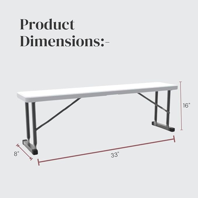 2.75ft Plastic Folding Bench – Lightweight and Portable White Resin with Durable Steel Frame, 33”x8”x16” - (Pack of 2 - Photo 2