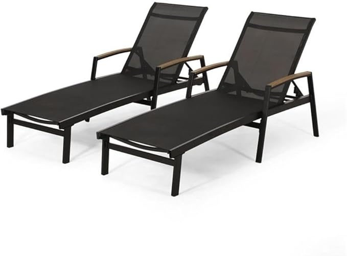 Christopher Knight Home Teresa Outdoor Aluminum Chaise Lounge with Mesh Seating (Set of 2), Black - Photo 4