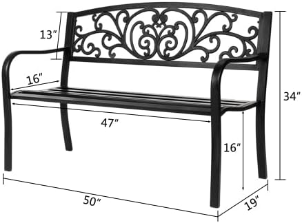 50" Outdoor Garden Bench, Patio Furniture Metal Outdoor Chair with Steel Frame, Weather Proof 2-Person Outdoor Loveseat with Butterfly Backrest for Park, Porch, Pool, Backyard