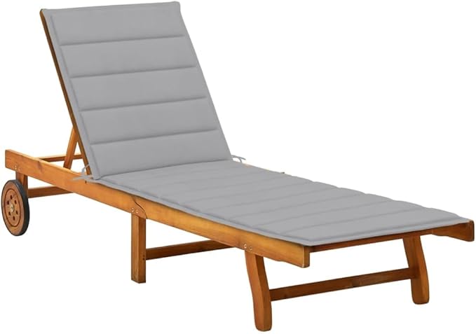 Solid Acacia Wood Adjustable Sunlounger 23.6 x 78.7 x 21.7 in with Wheels & Removable Cushion for Garden Poolside Patio - Photo 1