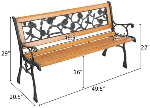 49" Outdoor Garden Bench, Patio Furniture Outdoor Chair with Hardwood Slats and Cast Iron Frame, Weather Proof 2-Person Outdoor Loveseat with Rose Style Back for Park, Porch, Pool, Backyard