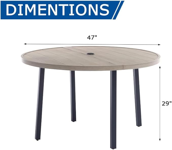 42" Round Patio Dining Table for 4, All-Weather Metal Patio Table with Umbrella Hole, Outdoor Round Dining Table for Lawn Garden Porch, Honey Oak,