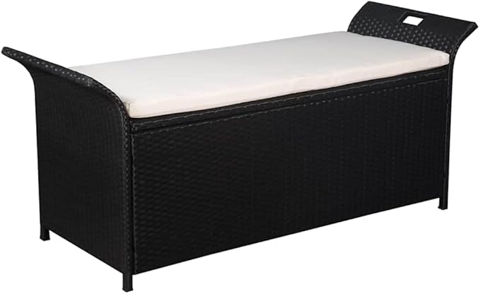 Storage Bench with Cushion Outdoor Benches Garden Seating for Courtyard Balcony 54.3" Poly Rattan Black