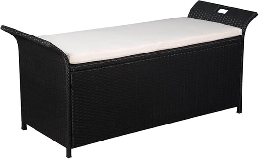 Storage Bench with Cushion Outdoor Benches Garden Seating for Courtyard Balcony 54.3" Poly Rattan Black