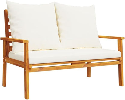 2-Seat Outdoor Sectional Sofa in Solid Acacia Wood, Cream Loveseat 47.2 x 26.8 x 31.9 in, Oiled Finish, Plush Zippered Cushions for Patio, Garden, Balcony and Backyard