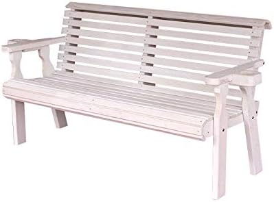Amish Casual Heavy Duty Pressure Treated 4 Foot Outdoor Garden Bench with Cup Holders - Amish Crafted Roll Back Design in White Stain, 700 Lb Weight Capacity