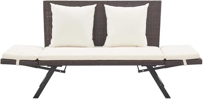 Garden Bench Deck Bench Patio Bench with Cushions 69.3" Brown Poly Rattan - Photo 6