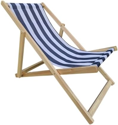 Populus Wood Sling Chair Blue Stripe Folding Chaise Lounge Chair for Outdoor Beach Pool Patio Dark Blue Adjustable Recliner No Assembly Needed