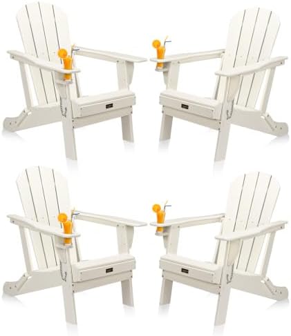 Bonnlo Plastic Adirondack Chairs, Folding Lounge Chairs Design with Cup Holder, Waterproof HDPE Material for Outdoor Pool Patio Lawn Fire Pit Chairs Set of 4/2/1