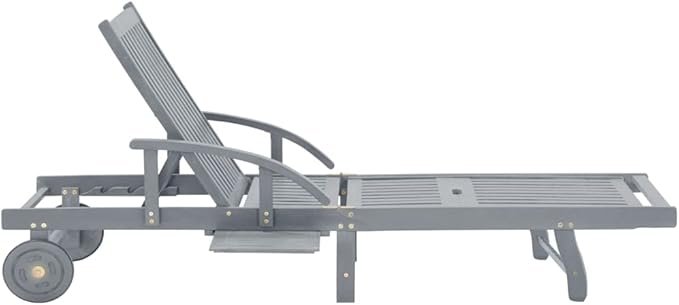 Extra Long Grey Outdoor Chaise Lounge, Solid Acacia Wood Patio Sun Lounger 26.8 x 78.3 x 33.9 in, Adjustable Backrest & Armrest, Wheeled Poolside Lounger for Garden Deck Balcony