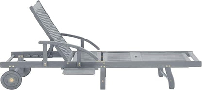 Extra Long Grey Outdoor Chaise Lounge, Solid Acacia Wood Patio Sun Lounger 26.8 x 78.3 x 33.9 in, Adjustable Backrest & Armrest, Wheeled Poolside Lounger for Garden Deck Balcony
